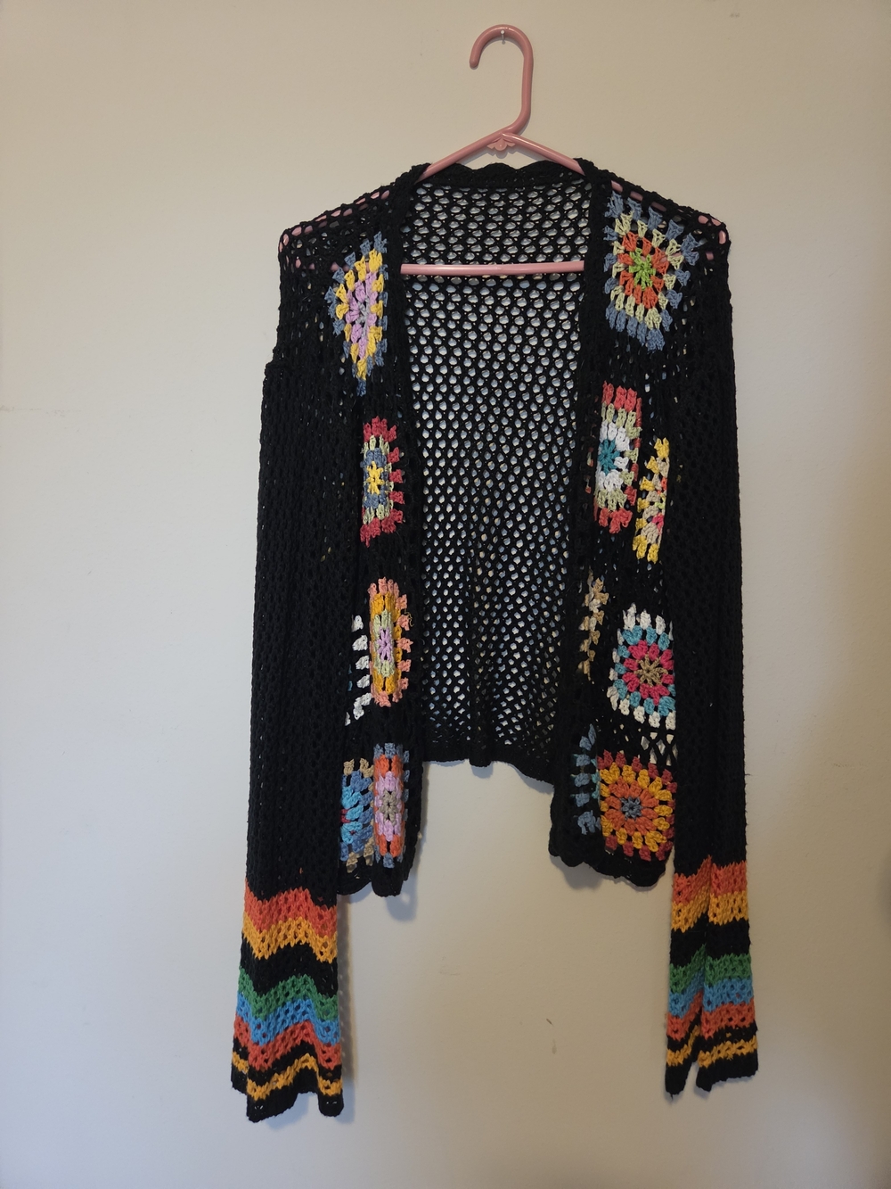 Black Crocheted Open-Front Women's Cardigan with Multicolor Accents